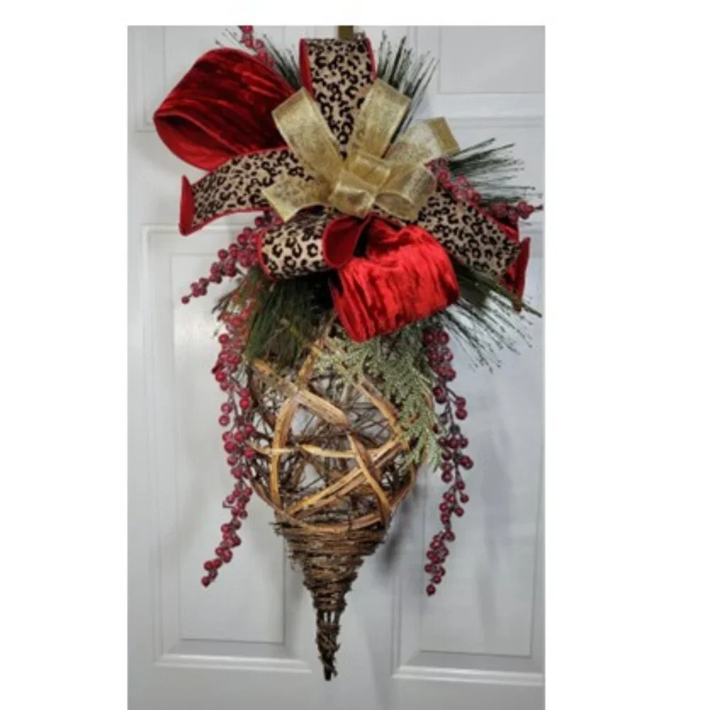 Jumbo Christmas Ornament Hanging Rattan Ornament Drop w Glam Bow, Winter Wreath